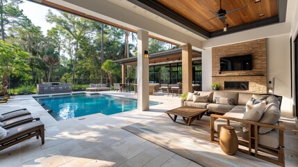 Showcase an outdoor living area that seamlessly blends indoor comfort with the beauty of nature