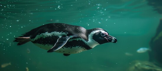 Naklejka premium A black and white penguin gracefully swims in a pool of clear green water. The penguins sleek body glides effortlessly through the water, its flippers propelling it forward with precision.