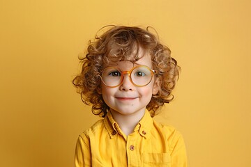 A child with glasses projecting confidence against a cheerful yellow background capturing the essence of optimism and energy - obrazy, fototapety, plakaty