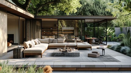 Showcase an outdoor living area that seamlessly blends indoor comfort with the beauty of nature