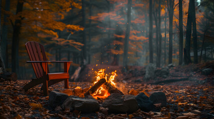 A chair sits next to a fire in the woods.