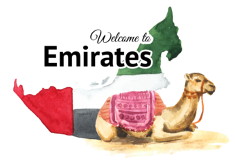 Welcome to Emirates card. Flag and camel symbol of UAE. Hand drawn watercolor illustration isolated on white background