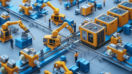 Efficient smart factory with workers, robots and assembly line, industry 4.0 and technology concept.