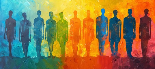 A painting depicting a diverse group of individuals standing closely beside each other, showcasing unity and diversity in a social setting.