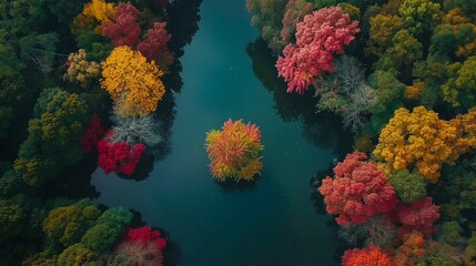 Naklejka na ściany i meble temperate deciduous forest, Autumn forest orange red are rivers stream and pine carpet oak beech maple tree willow mysterious colorful leaves trees nature change seasons landscape Top view background