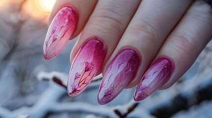 A womans fingernails intricately designed with ombre effect transitioning from pink to purple capture the essence of a sunset