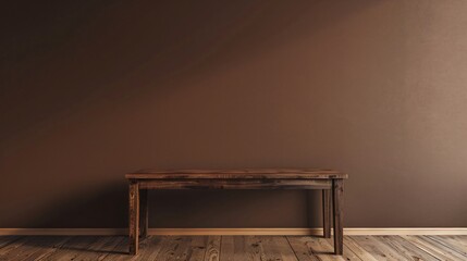 Against a rich chocolate brown wall a wood table stands as a testament to timeless beauty and enduring style