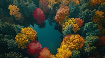 Fototapeta na wymiar temperate deciduous forest, Autumn forest orange red are rivers stream and pine carpet oak beech maple tree willow mysterious colorful leaves trees nature change seasons landscape Top view background