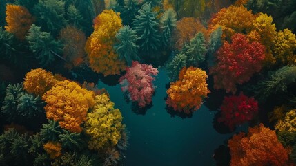 Naklejka na ściany i meble temperate deciduous forest, Autumn forest orange red are rivers stream and pine carpet oak beech maple tree willow mysterious colorful leaves trees nature change seasons landscape Top view background