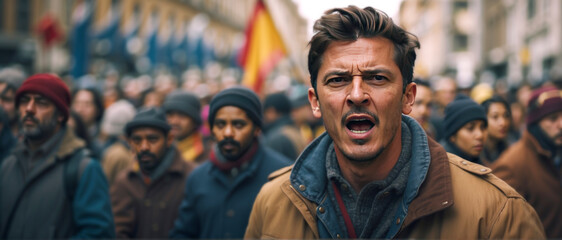 Strike concept with young man shouting  at protes