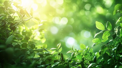 Fresh healthy green bio background with abstract blurred foliage and bright summer sunlight 