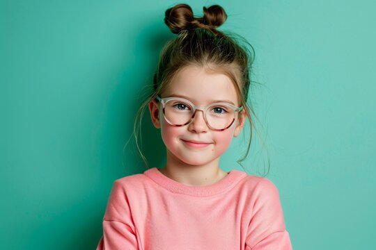 Confident child in glasses a vision of assertiveness set against a soothing mint green background symbolizing growth and freshness
