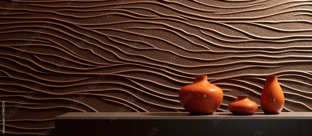 Poster three orange vases are arranged neatly on a shelf in front of a textured wall. the vases stand out a