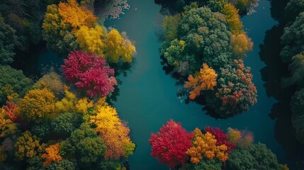 Fototapeta na wymiar temperate deciduous forest, Autumn forest orange red are rivers stream and pine carpet oak beech maple tree willow mysterious colorful leaves trees nature change seasons landscape Top view background