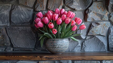 Fresh pink tulip flowers bouquet on shelf in front of stone wall. View with copy space.