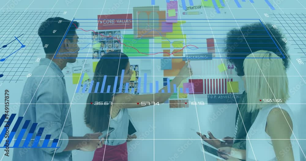 Poster animation of diagrams and data processing over diverse colleagues discussing work in office