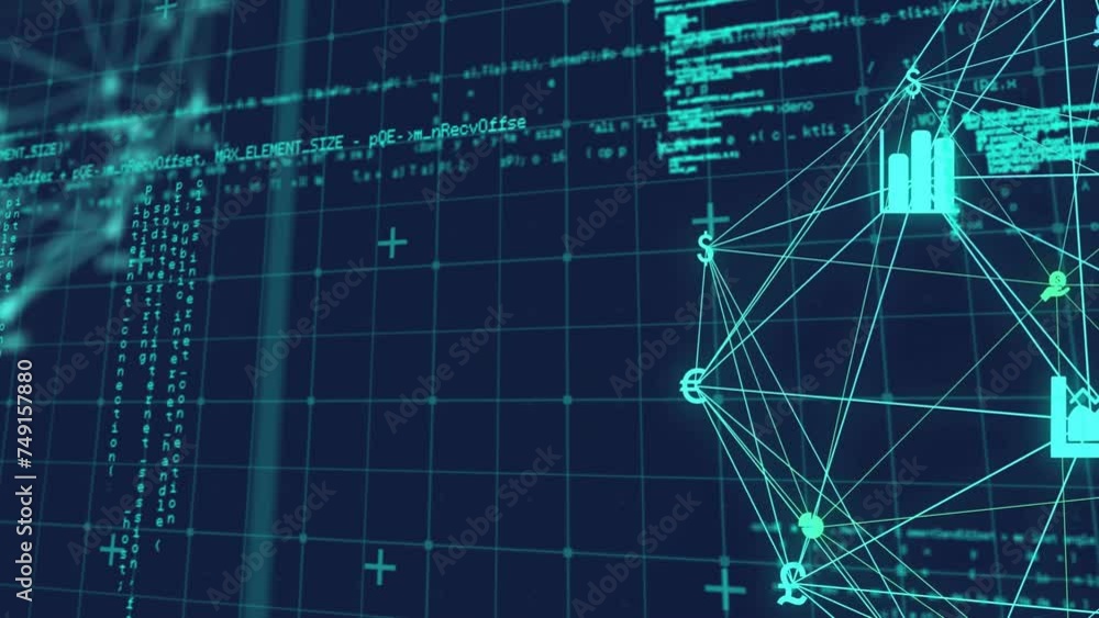 Poster animation of network of connections with icons over data processing