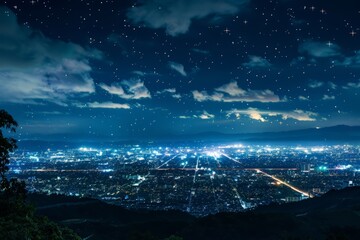 Obraz premium The city sparkles with lights below as viewed from the top of a hill at night, showcasing buildings, roads, and urban activity.