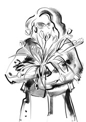 black and white illustration of a flower and woman. Holiday, woman day, birthday. Fashion illustration, sketch.