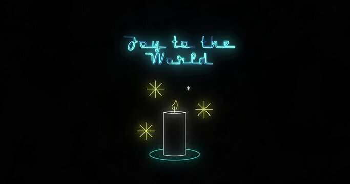 Animation of neon joy to the world text and candle on black background
