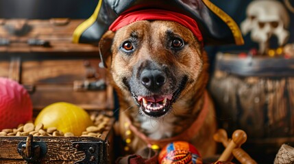 Pirate clad dog with a playful snarl guarding its treasure chest filled with toys and snacks
