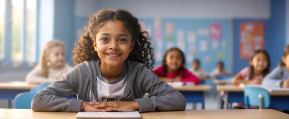 Portrait of a Cute Smiling Black Girl Sitting Behind a Desk in Class in Elementary School.