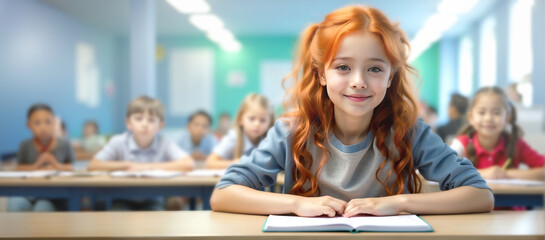 Portrait of a Cute Smiling Girl Sitting Behind a Desk in Class in Elementary School.