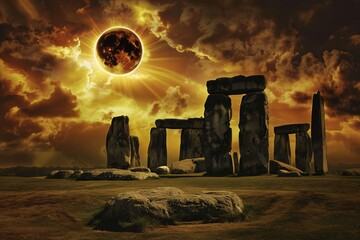 Solar eclipse observed from ancient stone circles cosmic dance witnessed by history - obrazy, fototapety, plakaty
