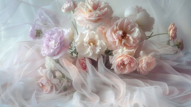 An image showcasing a romantic bouquet of peonies, garden roses, and lisianthus in pastel shades, tied together with a sheer chiffon ribbon.