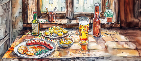German sausages, potatoes, beer on wooden table in traditional restoran. - obrazy, fototapety, plakaty