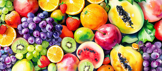 Fresh fruits background. Top view. Summer watercolor illustratiion.