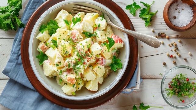 Tasty potato salad with onion and mayonnaise. Traditional food.
