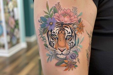 Tiger tattoo with a splash of colorful florals blending ferocity with beauty a tribute to natures contrasts