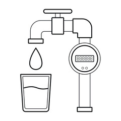 Economical water meter. Glass with water. Flat outline clipart. - 749159659