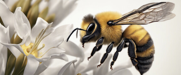 Bee hovering near a white flower, both with intricate details - Powered by Adobe