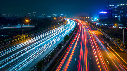 Fototapeta na wymiar traffic at night, neon light speed trail, teaffic in motion 