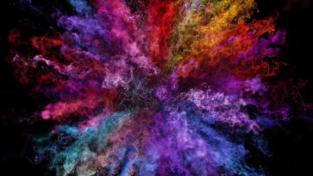 Cg animation of color powder explosion on black background. Slow motion movement with acceleration in the beginning and orbiting camera. Has alpha matte.