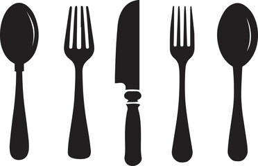Set of Cutlery Icon Silhouette, Spoon Fork Knife black silhouettes on white background