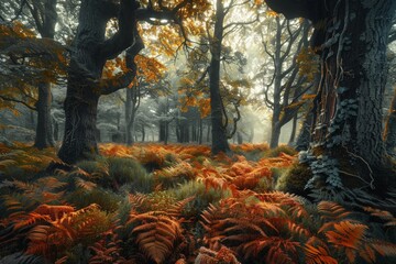 Temperate deciduous forest autumn forest red orange.An ancient forest with giant trees and a carpet of ferns oak beech maple willow mysterious and ancient nature landscape fantasy nature background - obrazy, fototapety, plakaty