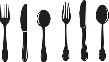 Set of Cutlery Icon Silhouette, Spoon Fork Knife black silhouettes on white background