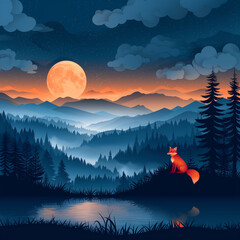 paper cut and red fox looking into the moon in a wide forest with shadow and cloundy with star blink.