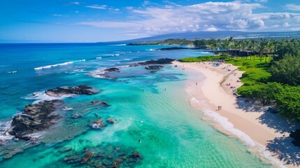 Obraz premium beach front drone view of hawaii