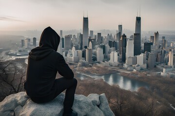 Man in black hooded hat sitting on a rock and looking at city , nightlight
