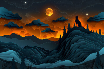 paper cut and red fox looking into the moon in a wide forest with shadow and cloundy with star blink.