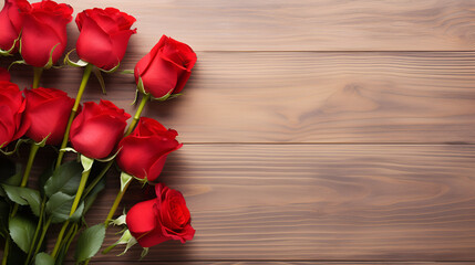Naklejka na ściany i meble Captivating Red Rose Flowers Bouquet Unveiling Love on a Wooden Canvas for Valentine's Day Bliss, Enchanting Red Tulips Bloom on a Wooden Backdrop 