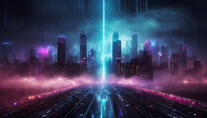  Futuristic cyberpunk cityscape with neon colors lights. Sci-fi background wallpaper.