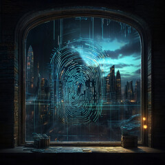 A window with a large fingerprint in the middle, the fingerprint appears to be made of circuitboards.