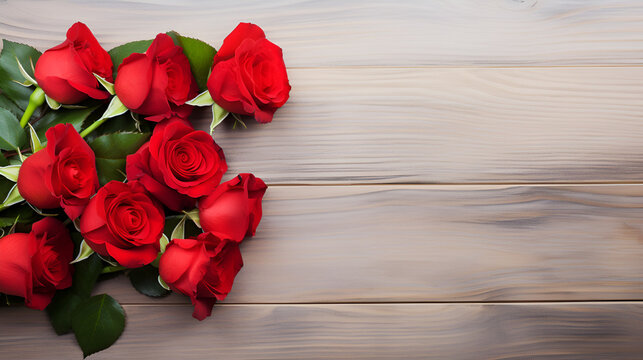 Expressing Love Through Nature The Elegance of Romance in Red Colors with a Bouquet on a Wooden Table