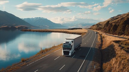 Semi Truck Driving on Road Near Lake. View, Beautiful, Panorama, Landscape, Logistic, Background, Wallpaper, Vehicle, Shipping, Truck, Cargo, Transportation
 - obrazy, fototapety, plakaty