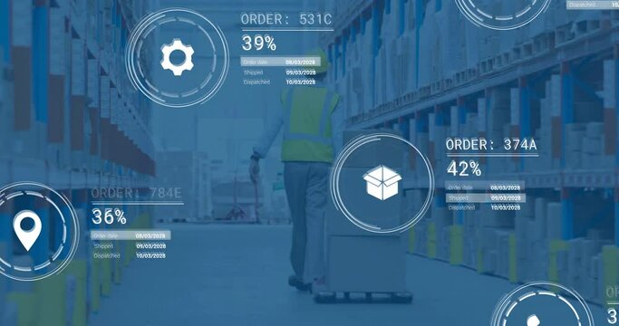 Animation of data processing and media icons over caucasian male worker walking in warehouse
